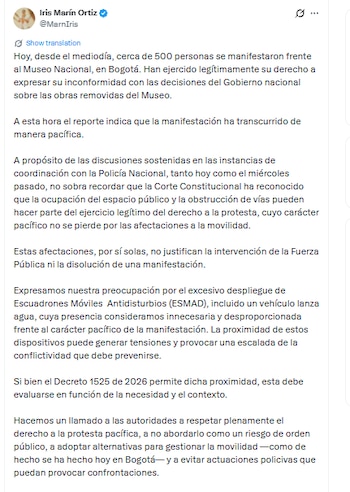 Este fue el mensaje de Iris Marín sobre el plantón del Museo Nacional - crédito MarnIris/X