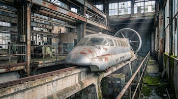 El Aérotrain de Jean Bertin, una cápsula plateada con hélice trasera, cubierto de polvo y óxido, en un taller industrial abandonado con estructuras de acero y ventanas rotas.