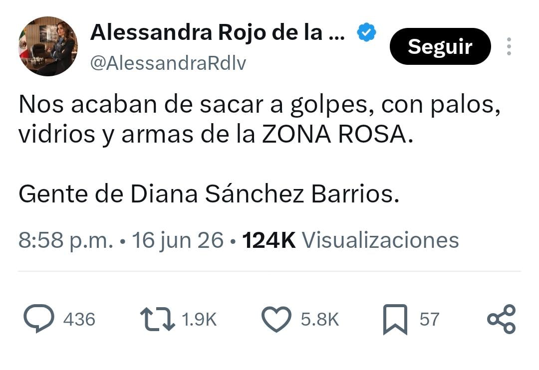 Alessandra Rojo de la Vega denunció en redes sociales haber sido agredida con palos, vidrios y armas en la Zona Rosa, atribuyendo el ataque a personas vinculadas con la diputada local Diana Sánchez Barrios. (X: Alessandra Rojo de la Vega)