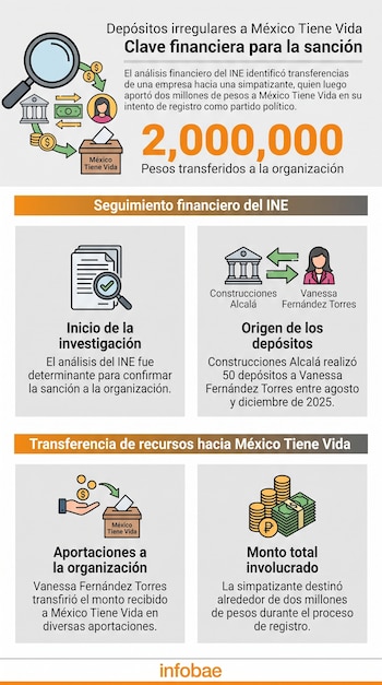Infografía: lupa, edificio, persona, documentos, dinero y urna. Nombres: Construcciones Alcalá, Vanessa Fernández Torres y México Tiene Vida.