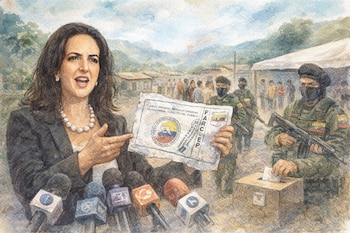 Una acuarela muestra a María Fernanda Cabal en un podio con micrófonos, señalando un panfleto de las FARC. Detrás, hombres armados y gente votando.