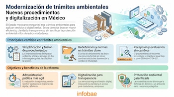 Infografía con título, texto y subtítulos, que incluye ilustraciones de documentos, sello, reloj, mapa de México, nube digital, tableta y engranajes.