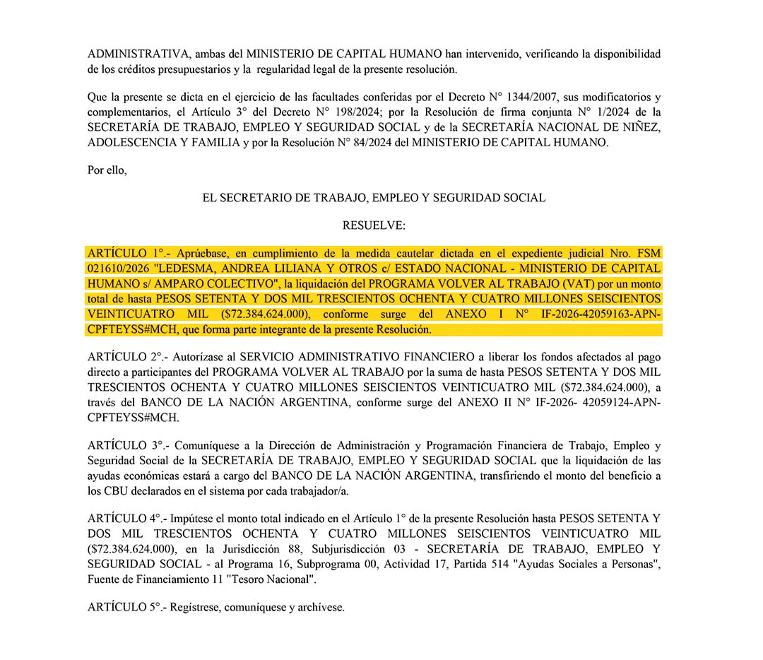 Documento oficial muestra la resolución que aprueba el Programa Volver al Trabajo (VAT), asignando $72.384.624.000 para la liquidación de fondos a sus participantes
