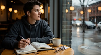 Una persona con sudadera gris está sentada en una mesa de madera de una cafetería, escribiendo en una libreta abierta y mirando por la ventana lloviznosa.