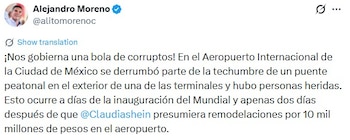 Alito Moreno acusó al Gobierno federal de corrupción e incapacidad tras el incidente en el AICM.