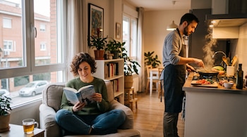 Una mujer sentada en un sillón lee un libro junto a una ventana y un hombre con delantal prepara alimentos en la estufa de la cocina.