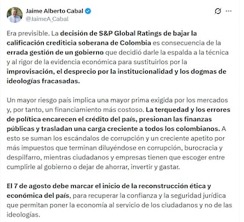 Jaime Cabal, presidente de Fenalco, dijo que Colombia debe recuperar la confianza y la seguridad jurídica - crédito @JaimeA_Cabal/X