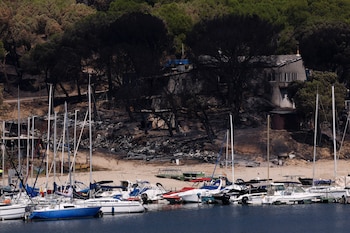 Vista de la fila de las lanchas motoras carbonizadas este jueves en el Pantano de San Juan tras el incendio que asoló la región. (EFE/Chema Moya)