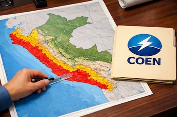 Un mapa físico de Perú con zonas rojas y amarillas. Una mano sostiene una regla y un bolígrafo. Un folder con el logo del COEN se ve sobre una mesa.