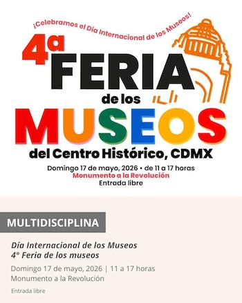 Cartel blanco con anuncio de la 4a Feria de los Museos del Centro Histórico CDMX. Muestra fecha, hora, lugar y un dibujo lineal naranja del Monumento a la Revolución