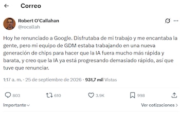 Captura de pantalla de un mensaje en redes sociales publicado por Robert O'Callahan sobre su renuncia a Google