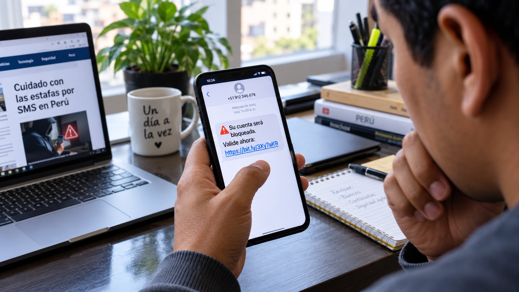 Un usuario observa en su teléfono inteligente un mensaje SMS fraudulento con un enlace sospechoso sobre un supuesto bloqueo de cuenta bancaria. (Imagen Ilustrativa Infobae)