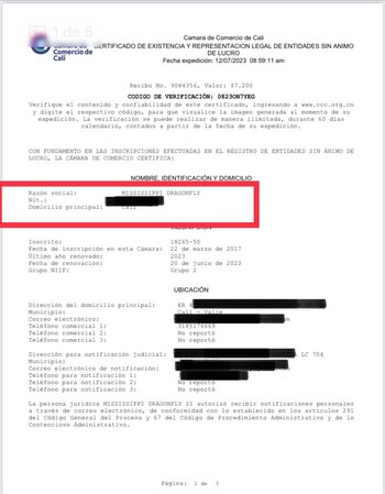 Documento que certifica la vinculación de la empresa MISSISSIPPI DRAGONFLY con la Universidad del Valle. Foto: @Danielbricen/ Twitter