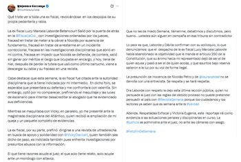 El abogado Alejandro Carranza respondió a las declaraciones que hizo la exfiscal Lucy Laborde sobre presuntas presiones en el caso de Nicolás Petro - crédito @HombreJurista/X