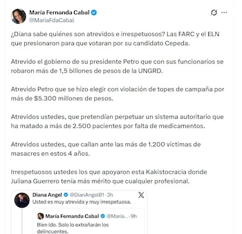 María Fernanda Cabal cuestionó la gestión en materia de seguridad, salud y corrupción durante el mandato de Gustavo Petro, al recalcarlo a Diana Ángel - crédito @MariaFdaCabal/X