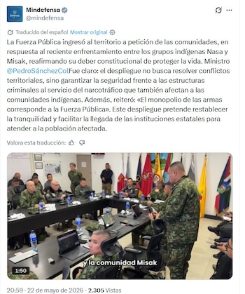 La raíz del conflicto se asocia con reclamos territoriales no resueltos entre grupos indígenas, lo que ha provocado intervenciones estatales periódicas para atender a los damnificados y prevenir nuevos incidentes - crédito captura de pantalla Ministerio de Defensa de Coilombia / X