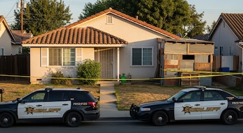 Fachada de una casa modesta en Newbury Park con dos patrullas policiales estacionadas y cinta de escena del crimen amarilla alrededor del patio delantero y un cobertizo.