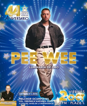 Cartel publicitario con la figura del cantante Pee Wee al centro, texto en dorado y azul, y una pequeña foto del conductor Edoardo Narváez