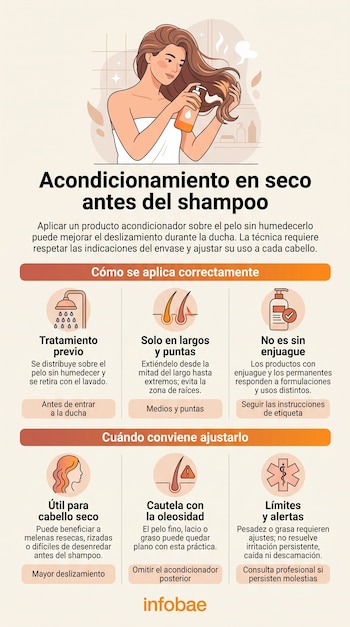 Infografía explicativa con la ilustración de una mujer que aplica un producto en su cabello y seis secciones con texto informativo.