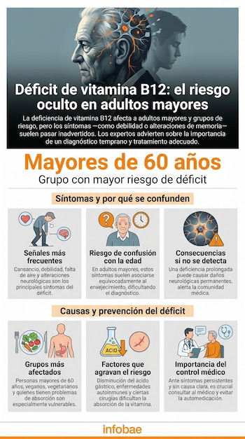Infografía visualiza el perfil de un hombre mayor con conexiones neuronales y uno más joven, explicando el riesgo y síntomas de la deficiencia de vitamina B12 en adultos mayores.
