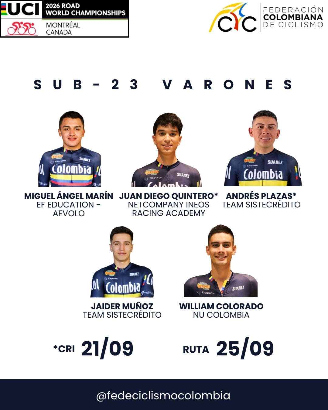 El cronograma del Mundial de Ruta de Montreal 2026 comenzará el 19 de septiembre con entrenamientos y reuniones técnicas y cerrará el 27 con la ruta masculina élite-crédito Federación Colombiana de Ciclismo