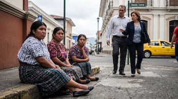Tres mujeres indígenas sentadas en una acera de la Avenida Central en San José, Costa Rica, con vestimenta tradicional, mientras un hombre y una mujer caminan detrás.