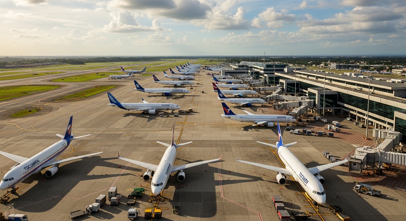 Una vista aérea panorámica revela múltiples aviones de pasajeros en conexión en las pistas y terminal del Aeropuerto Internacional de Tocumen, destacando su rol como hub regional. (Imagen Ilustrativa Infobae)