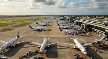 Vista aérea de un aeropuerto con numerosos aviones comerciales estacionados en el asfalto junto a la terminal, rodeados de vehículos de apoyo en un día nublado.
