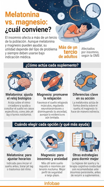 Infografía con esquemas, texto explicativo, ilustraciones de un reloj, un cerebro, músculos y el logotipo de Infobae al pie.