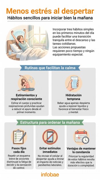 Infografía con ilustraciones de una persona en la cama, estiramientos, un vaso de agua, una lista de verificación, un teléfono y un reloj.