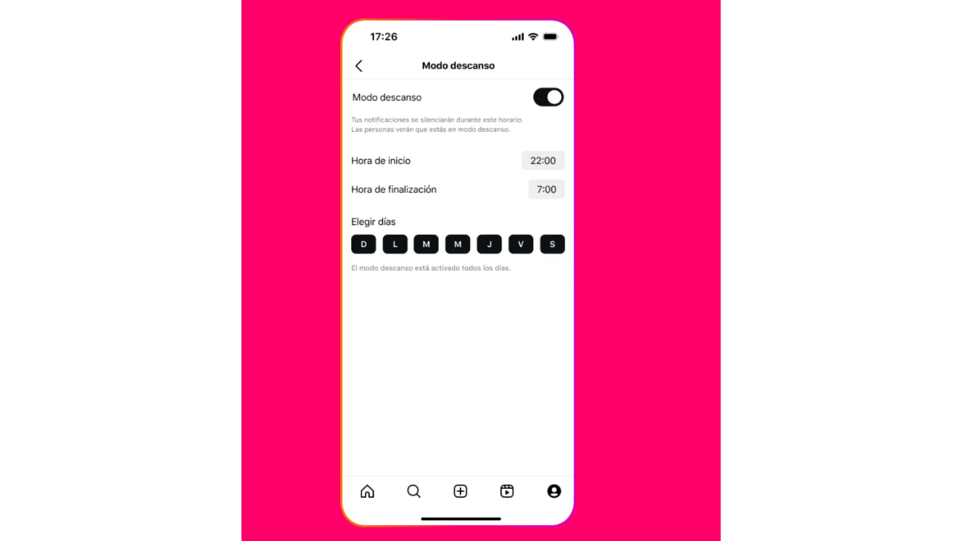 Configuración del horario permitido de actividad en Instagram. (Meta)