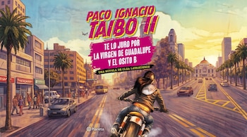 Ilustración de una mujer en motocicleta por una avenida de la Ciudad de México con el Palacio de Bellas Artes al fondo y textos impresos.