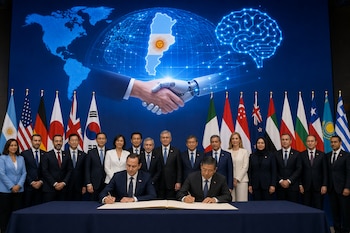Dos hombres firman un documento en una mesa frente a autoridades, banderas de varios países y una pantalla digital con un gráfico del planeta.