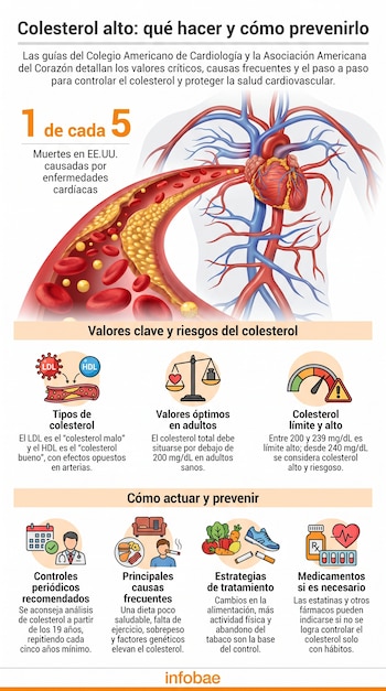 Infografía sobre colesterol alto con ilustración de un corazón, vasos sanguíneos y una arteria con placa. Muestra íconos de valores, causas y tratamientos.