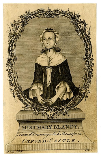 Grabado de un retrato de busto de Mary Blandy dentro de un marco ovalado ornamentado, sobre un pedestal con texto descriptivo y el año 1752