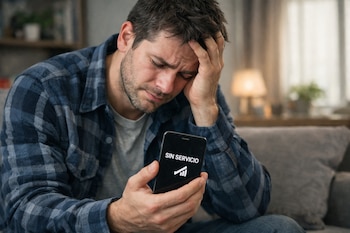 Hombre con barba y camisa a cuadros azul sujeta un teléfono móvil negro que muestra el mensaje "Sin servicio" y un icono de señal baja.