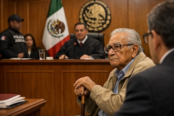 Primer plano de un adulto mayor con lentes y chaqueta beige, sosteniendo un bastón, en un tribunal mexicano con un juez y la bandera de México al fondo.