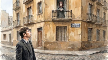 Pintura en acuarela de Axel Kicillof mirando hacia arriba a Cristina Kirchner en un balcón. Ella está en el segundo piso de un edificio de esquina con el número San José 1111.