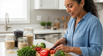 Una mujer de mediana edad con camisa azul corta pimientos rojos en una tabla de madera. Alrededor hay kale, brócoli, tomates y frascos de granos en una cocina.