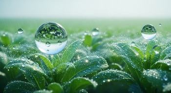 Primer plano de plantas verdes bajo la lluvia con grandes gotas de agua brillantes y una red de partículas luminosas cubriendo las hojas en un campo agrícola.