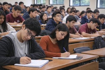 Vista frontal de un aula con numerosos estudiantes jóvenes sentados en escritorios de madera; los de primer plano escriben en cuadernos con bolígrafos.