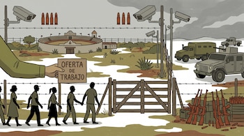 Mano muestra cartel "Oferta de trabajo" a personas que caminan a rancho cercado. Cámaras, balas y vehículos militares con armas decomisadas afuera.