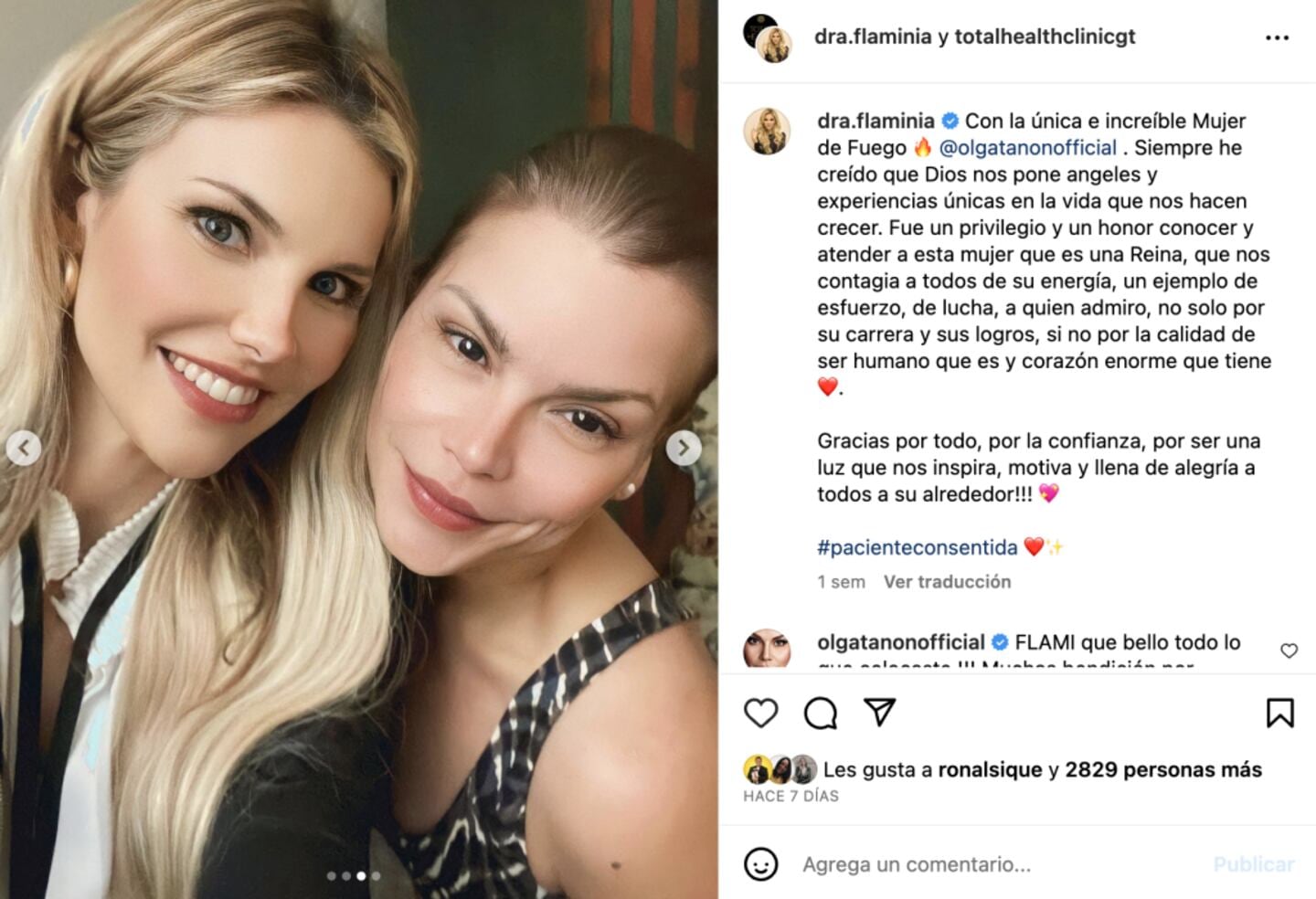 Olga Tañón junto a la médica cirujana guatemalteca Flaminia Villagrán. (Instagram)