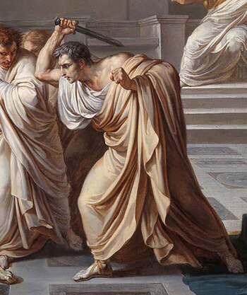 Pintura clásica que muestra a un hombre en toga clara levantando una daga, mientras otros hombres lo rodean en lo que parece un edificio romano