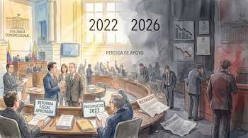 Ilustración acuarela del Congreso colombiano en dos escenas: izquierda, legisladores votan afirmativamente; derecha, figuras con gestos de duda y papeles rechazados, reflejando incertidumbre fiscal.