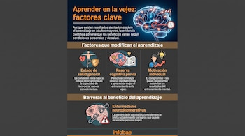 Infografía muestra cerebro humano con elementos gráficos, iconos de salud, cerebro, persona y texto que describe factores y barreras del aprendizaje en la vejez. Logotipo Infobae.