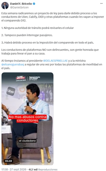 Daniel Briceño propondrá límites a controles contra conductores de plataformas - crédito @Danielbricen/X