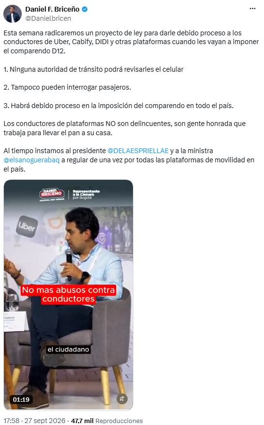 Daniel Briceño propondrá límites a controles contra conductores de plataformas - crédito @Danielbricen/X