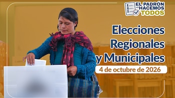 Una mujer deposita una cédula de papel en una urna blanca junto al texto Elecciones Regionales y Municipales
