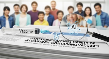 Primer plano de una jeringa y una lupa sobre documentos de investigación que mencionan la seguridad de vacunas con aluminio. Al fondo, personas sonrientes.